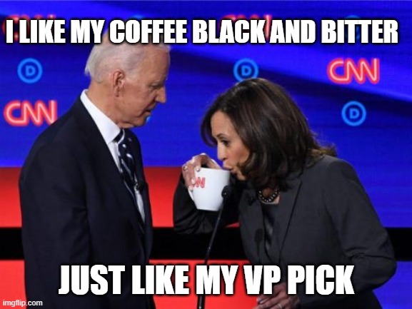 coffee black  and bitter | I LIKE MY COFFEE BLACK AND BITTER; JUST LIKE MY VP PICK | image tagged in lslow joe and the ho | made w/ Imgflip meme maker