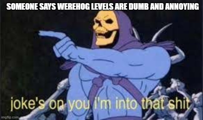 My werehog feelings | SOMEONE SAYS WEREHOG LEVELS ARE DUMB AND ANNOYING | image tagged in jokes on you im into that shit | made w/ Imgflip meme maker