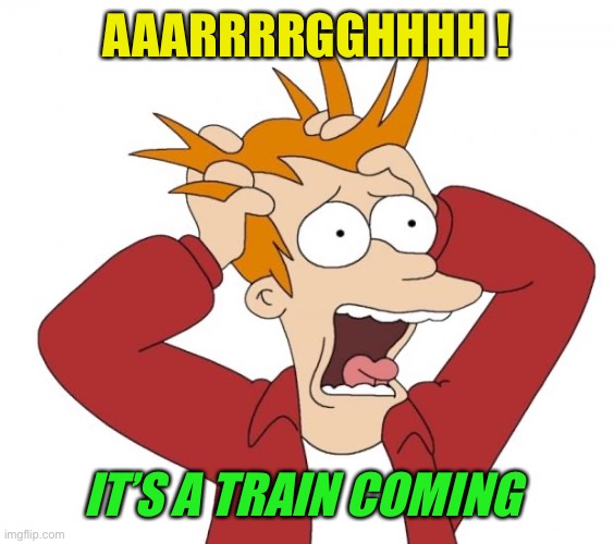 Panic | AAARRRRGGHHHH ! IT’S A TRAIN COMING | image tagged in panic | made w/ Imgflip meme maker