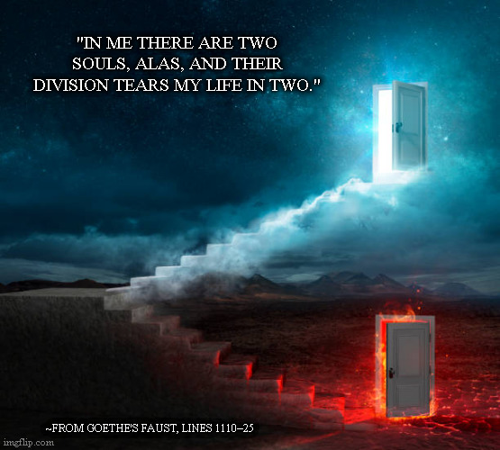 Conflicted | "IN ME THERE ARE TWO SOULS, ALAS, AND THEIR
DIVISION TEARS MY LIFE IN TWO."; ~FROM GOETHE'S FAUST, LINES 1110–25 | image tagged in religion | made w/ Imgflip meme maker