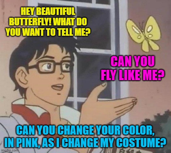 Fantasy. | HEY BEAUTIFUL BUTTERFLY! WHAT DO YOU WANT TO TELL ME? CAN YOU FLY LIKE ME? CAN YOU CHANGE YOUR COLOR, IN PINK, AS I CHANGE MY COSTUME? | image tagged in memes,is this a pigeon | made w/ Imgflip meme maker
