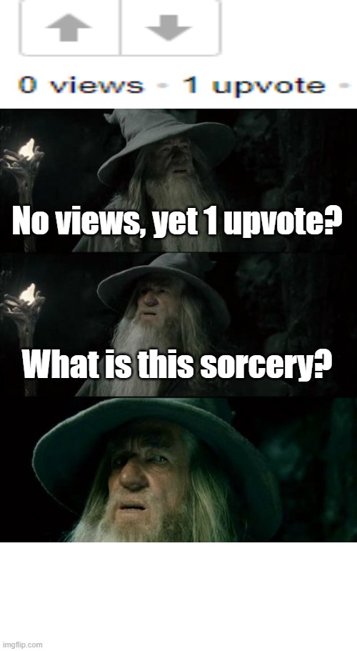 This came from one of my memes :D | No views, yet 1 upvote? What is this sorcery? | image tagged in memes,confused gandalf | made w/ Imgflip meme maker