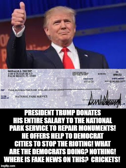President Trump Wrote a 100 Thousand Dollar Check to Repair Monuments. He Offers Help To Liberal Cities! They Refuse! | PRESIDENT TRUMP DONATES HIS ENTIRE SALARY TO THE NATIONAL PARK SERVICE TO REPAIR MONUMENTS! HE OFFERS HELP TO DEMOCRAT CITIES TO STOP THE RIOTING! WHAT ARE THE DEMOCRATS DOING? NOTHING!  WHERE IS FAKE NEWS ON THIS?  CRICKETS! | image tagged in stupid liberals,democrats | made w/ Imgflip meme maker