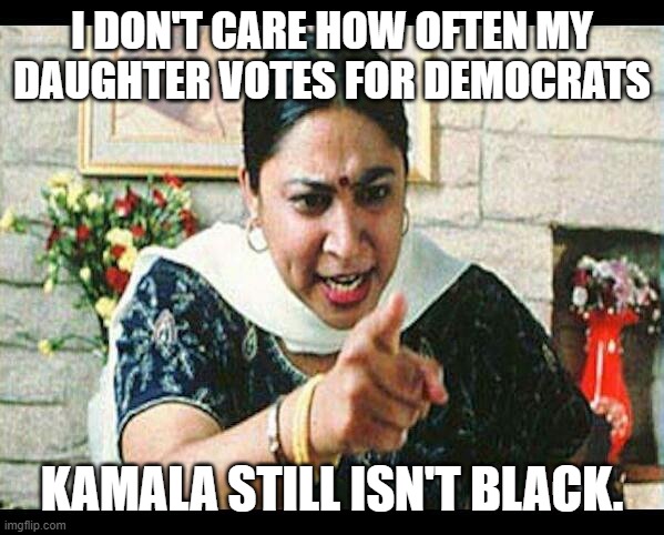 Now wouldn't that put a kink in the Dem's token Black woman campaign? | I DON'T CARE HOW OFTEN MY DAUGHTER VOTES FOR DEMOCRATS; KAMALA STILL ISN'T BLACK. | image tagged in angry indian mum | made w/ Imgflip meme maker