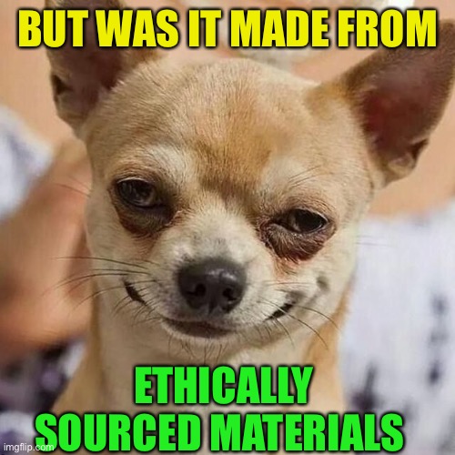 Smirking Dog | BUT WAS IT MADE FROM ETHICALLY SOURCED MATERIALS | image tagged in smirking dog | made w/ Imgflip meme maker