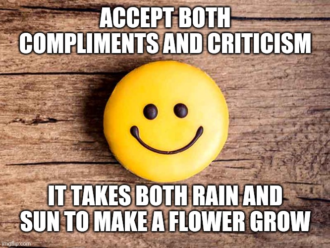 ACCEPT BOTH COMPLIMENTS AND CRITICISM; IT TAKES BOTH RAIN AND SUN TO MAKE A FLOWER GROW | made w/ Imgflip meme maker
