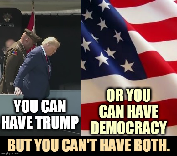 Trump is retweeting Russian propaganda about Biden. Trump just LOVES them Russkies. | OR YOU CAN HAVE DEMOCRACY; YOU CAN HAVE TRUMP; BUT YOU CAN'T HAVE BOTH. | image tagged in american flag,trump,crazy,madman,dictator,democracy | made w/ Imgflip meme maker