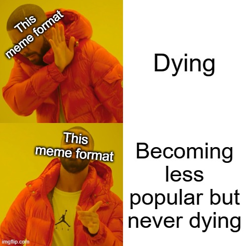 Eternal | Dying; This meme format; This meme format; Becoming less popular but never dying | image tagged in memes,drake hotline bling | made w/ Imgflip meme maker