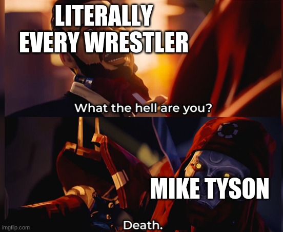 What the hell are you? Death | LITERALLY EVERY WRESTLER; MIKE TYSON | image tagged in what the hell are you death | made w/ Imgflip meme maker