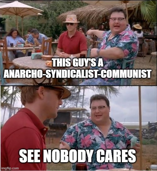See Nobody Cares | THIS GUY'S A ANARCHO-SYNDICALIST-COMMUNIST; SEE NOBODY CARES | image tagged in memes,see nobody cares | made w/ Imgflip meme maker