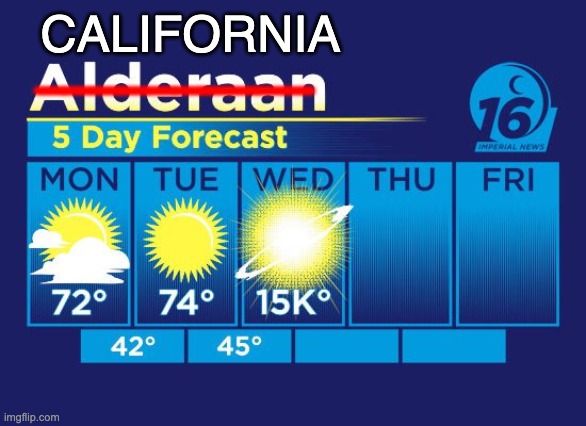 alderaan weather | CALIFORNIA; __________ | image tagged in alderaan weather | made w/ Imgflip meme maker