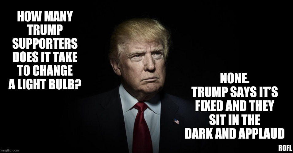 It's Funny Because Trumpublicans Actually Defend Trump's Lies Even Though Everyone Know He's Lying | HOW MANY TRUMP SUPPORTERS DOES IT TAKE TO CHANGE A LIGHT BULB? NONE. TRUMP SAYS IT’S FIXED AND THEY SIT IN THE DARK AND APPLAUD; ROFL | image tagged in trump in the dark,memes,trump unfit unqualified dangerous,roflmao,liar in chief,trump supporters | made w/ Imgflip meme maker