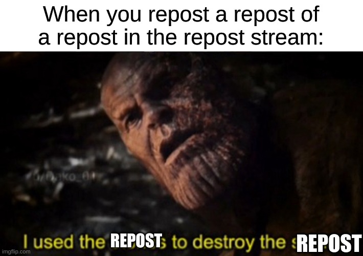 i reposted the repost of the repost of the repost | When you repost a repost of a repost in the repost stream:; REPOST; REPOST | image tagged in thanos i used the stones to destroy the stones | made w/ Imgflip meme maker