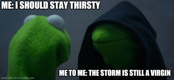 Evil Kermit Meme | ME: I SHOULD STAY THIRSTY; ME TO ME: THE STORM IS STILL A VIRGIN | image tagged in memes,evil kermit | made w/ Imgflip meme maker
