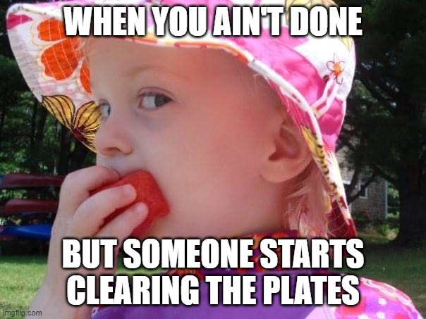 Hands Off | WHEN YOU AIN'T DONE; BUT SOMEONE STARTS CLEARING THE PLATES | image tagged in hands off | made w/ Imgflip meme maker