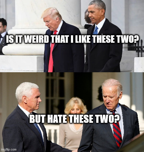 VP's are often worse, especially when you dont usually vote for them whenever they took power. | IS IT WEIRD THAT I LIKE THESE TWO? BUT HATE THESE TWO? | image tagged in vice president,president | made w/ Imgflip meme maker