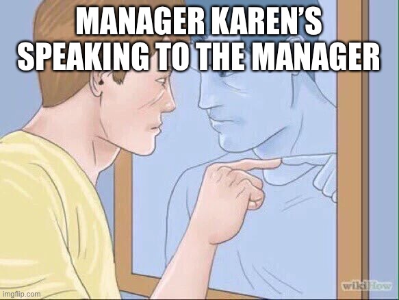 MANAGER KAREN’S SPEAKING TO THE MANAGER | image tagged in man pointing in mirror | made w/ Imgflip meme maker