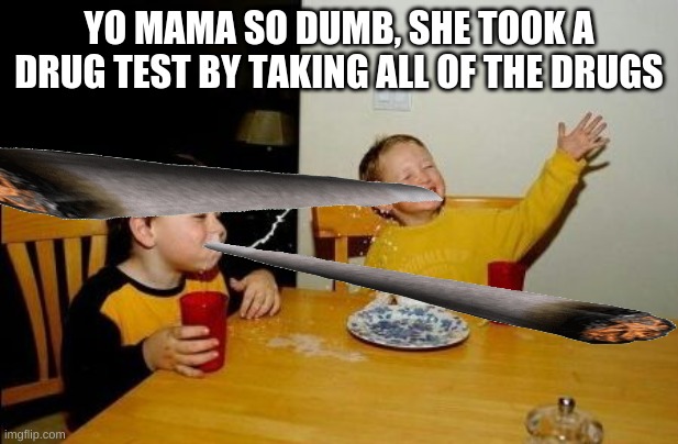 Yo mama so | YO MAMA SO DUMB, SHE TOOK A DRUG TEST BY TAKING ALL OF THE DRUGS | image tagged in yo mama so | made w/ Imgflip meme maker