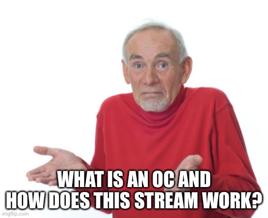 Guess I'll die  | WHAT IS AN OC AND HOW DOES THIS STREAM WORK? | image tagged in guess i'll die | made w/ Imgflip meme maker