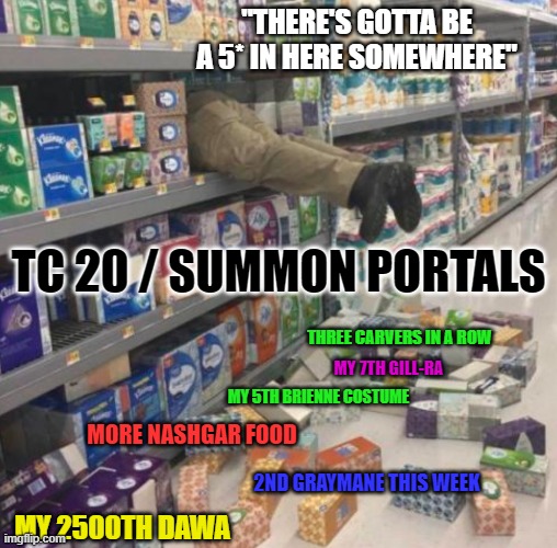"THERE'S GOTTA BE A 5* IN HERE SOMEWHERE"; TC 20 / SUMMON PORTALS; THREE CARVERS IN A ROW; MY 7TH GILL-RA; MY 5TH BRIENNE COSTUME; MORE NASHGAR FOOD; 2ND GRAYMANE THIS WEEK; MY 2500TH DAWA | made w/ Imgflip meme maker