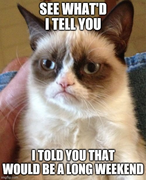 See what'd I tell u - a long weekend | SEE WHAT'D I TELL YOU; I TOLD YOU THAT WOULD BE A LONG WEEKEND | image tagged in memes,grumpy cat,weekend | made w/ Imgflip meme maker