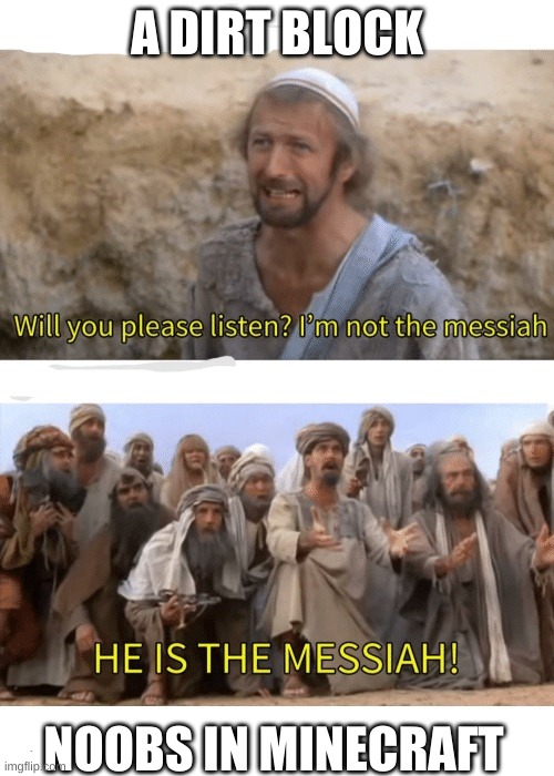 all minecraft noobs | A DIRT BLOCK; NOOBS IN MINECRAFT | image tagged in he is the messiah | made w/ Imgflip meme maker