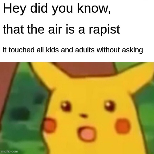 idk | Hey did you know, that the air is a rapist; it touched all kids and adults without asking | image tagged in memes,surprised pikachu | made w/ Imgflip meme maker