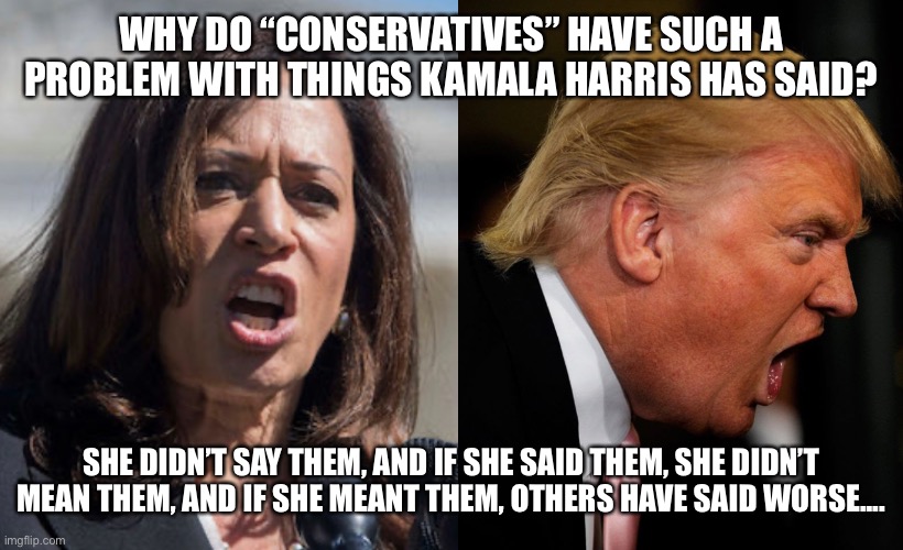 Or is this just more alt-right hypocrisy? | WHY DO “CONSERVATIVES” HAVE SUCH A PROBLEM WITH THINGS KAMALA HARRIS HAS SAID? SHE DIDN’T SAY THEM, AND IF SHE SAID THEM, SHE DIDN’T MEAN THEM, AND IF SHE MEANT THEM, OTHERS HAVE SAID WORSE.... | image tagged in kamala harris,donald trump is an idiot,election 2020,vice president | made w/ Imgflip meme maker