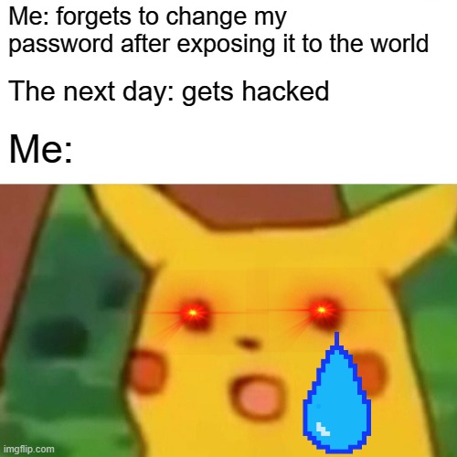 Surprised Pikachu Meme | Me: forgets to change my password after exposing it to the world; The next day: gets hacked; Me: | image tagged in memes,surprised pikachu | made w/ Imgflip meme maker