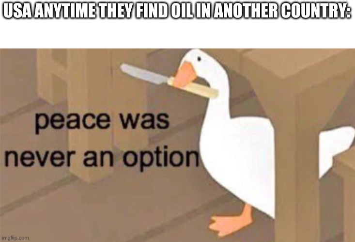 Untitled Goose Peace Was Never an Option | USA ANYTIME THEY FIND OIL IN ANOTHER COUNTRY: | image tagged in untitled goose peace was never an option | made w/ Imgflip meme maker