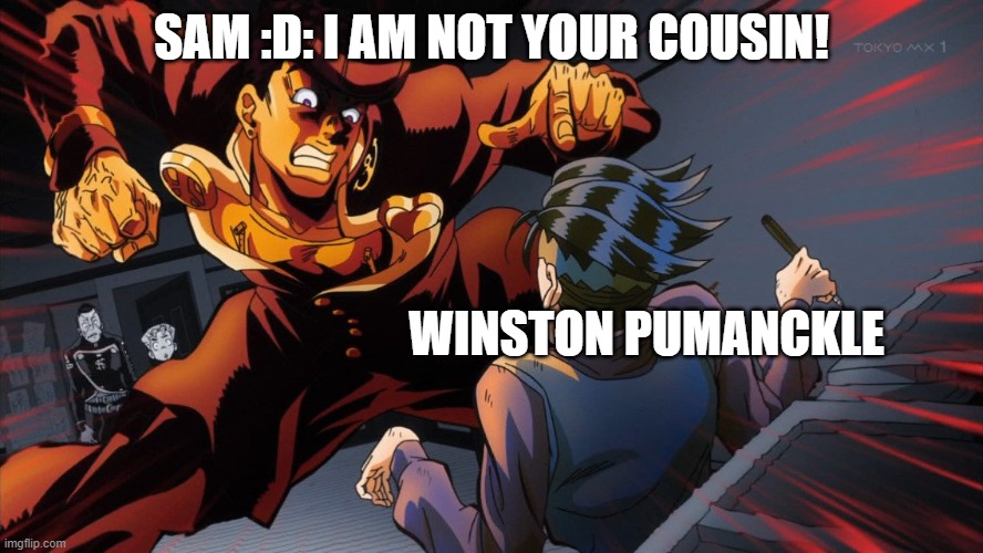 triggered jojo | SAM :D: I AM NOT YOUR COUSIN! WINSTON PUMANCKLE | image tagged in triggered jojo | made w/ Imgflip meme maker