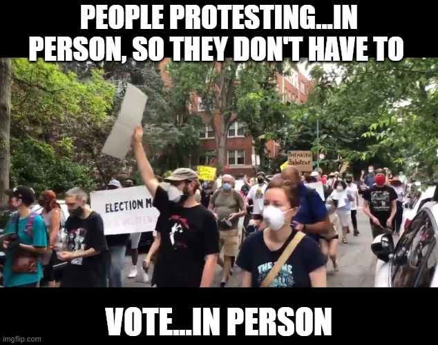Dumbest people on the planet | PEOPLE PROTESTING...IN PERSON, SO THEY DON'T HAVE TO; VOTE...IN PERSON | image tagged in political meme,politics,election 2020 | made w/ Imgflip meme maker
