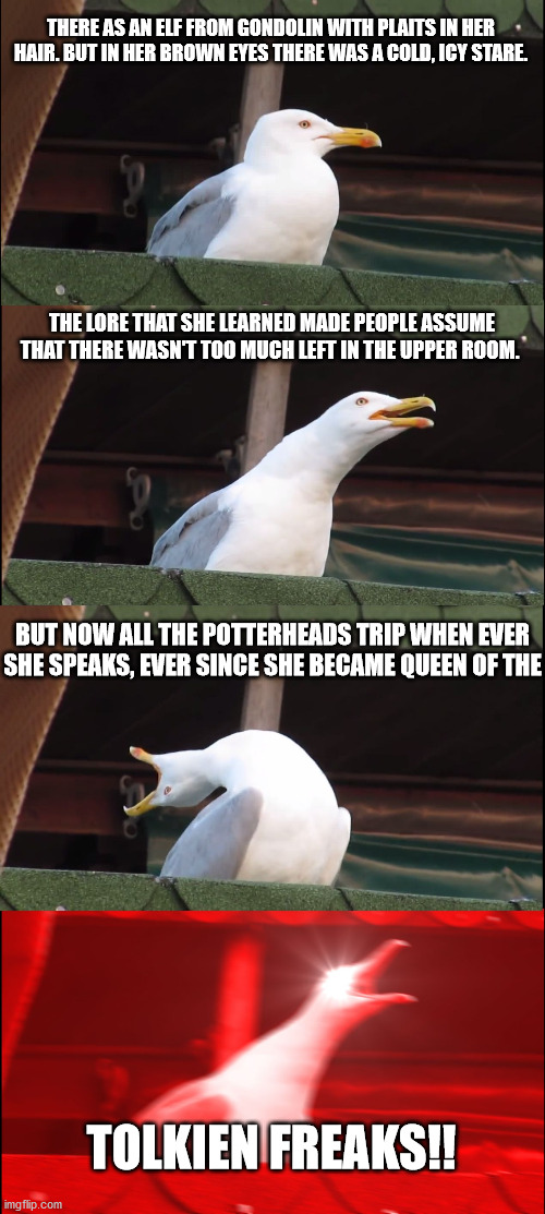 This is my take on a similar meme by Aelfwine, but adapted for girls. | THERE AS AN ELF FROM GONDOLIN WITH PLAITS IN HER HAIR. BUT IN HER BROWN EYES THERE WAS A COLD, ICY STARE. THE LORE THAT SHE LEARNED MADE PEOPLE ASSUME THAT THERE WASN'T TOO MUCH LEFT IN THE UPPER ROOM. BUT NOW ALL THE POTTERHEADS TRIP WHEN EVER SHE SPEAKS, EVER SINCE SHE BECAME QUEEN OF THE; TOLKIEN FREAKS!! | image tagged in memes,inhaling seagull | made w/ Imgflip meme maker