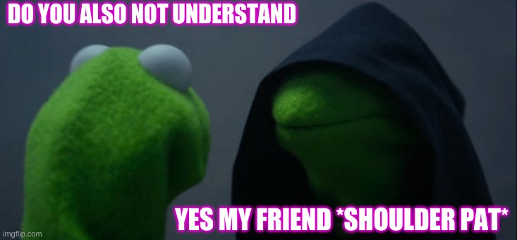 Verdy funny | DO YOU ALSO NOT UNDERSTAND; YES MY FRIEND *SHOULDER PAT* | image tagged in memes,evil kermit | made w/ Imgflip meme maker