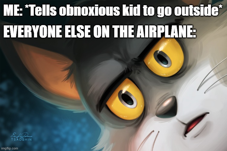 You're Being Too Loud! | ME: *Tells obnoxious kid to go outside*; EVERYONE ELSE ON THE AIRPLANE: | image tagged in unsettled tom stylized,airplane,obnoxious kid,outside | made w/ Imgflip meme maker