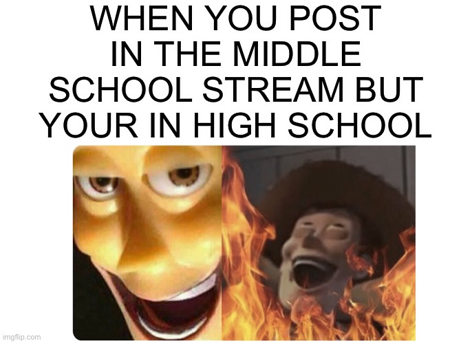 Hahahaha | WHEN YOU POST IN THE MIDDLE SCHOOL STREAM BUT YOUR IN HIGH SCHOOL | image tagged in satanic woody,memes,funny | made w/ Imgflip meme maker