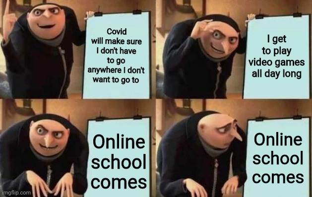 The downside of things | Covid will make sure I don't have to go anywhere I don't want to go to; I get to play video games all day long; Online school comes; Online school comes | image tagged in gru's plan,memes | made w/ Imgflip meme maker