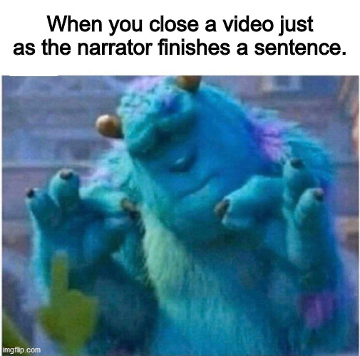Sentence Endings | When you close a video just as the narrator finishes a sentence. | image tagged in pleased sulley | made w/ Imgflip meme maker