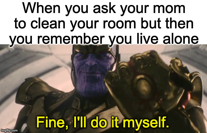 FINE I'll do it myself | When you ask your mom to clean your room but then you remember you live alone; Fine, I'll do it myself. | image tagged in fine i'll do it myself | made w/ Imgflip meme maker
