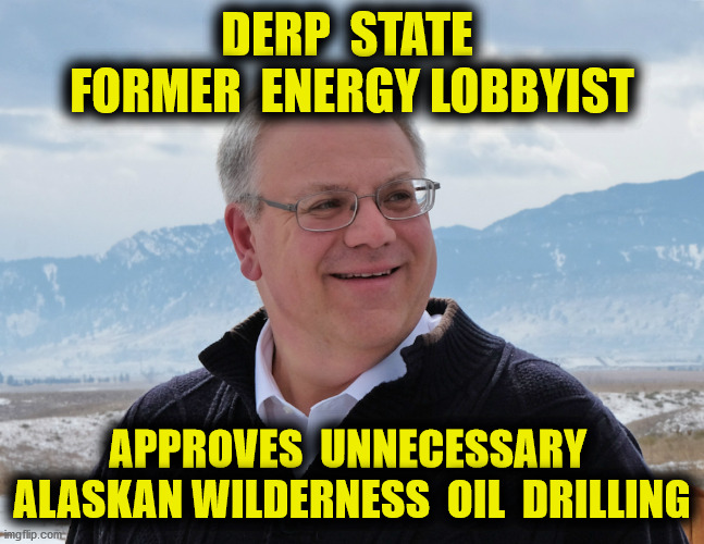 Existing rigs curbing production due to lack of demand | DERP  STATE  FORMER  ENERGY LOBBYIST; APPROVES  UNNECESSARY  ALASKAN WILDERNESS  OIL  DRILLING | image tagged in alaskan wilderness,oil drilling,department of the interior,david bernhardt,swamp,memes | made w/ Imgflip meme maker