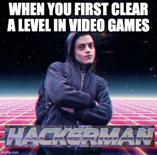 I just started video games | WHEN YOU FIRST CLEAR A LEVEL IN VIDEO GAMES | image tagged in hackerman | made w/ Imgflip meme maker