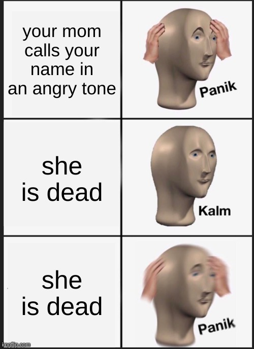 Panik Kalm Panik Meme | your mom calls your name in an angry tone she is dead she is dead | image tagged in memes,panik kalm panik | made w/ Imgflip meme maker