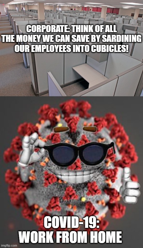 covid business cubicles wfh | CORPORATE: THINK OF ALL THE MONEY WE CAN SAVE BY SARDINING OUR EMPLOYEES INTO CUBICLES! COVID-19: WORK FROM HOME | image tagged in corporate cubicles,coronavirus | made w/ Imgflip meme maker