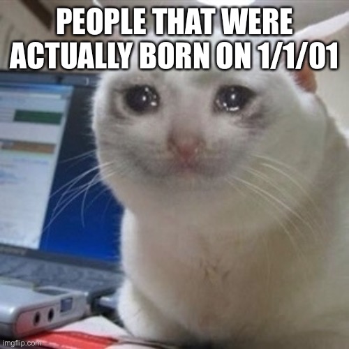Crying cat | PEOPLE THAT WERE ACTUALLY BORN ON 1/1/01 | image tagged in crying cat | made w/ Imgflip meme maker