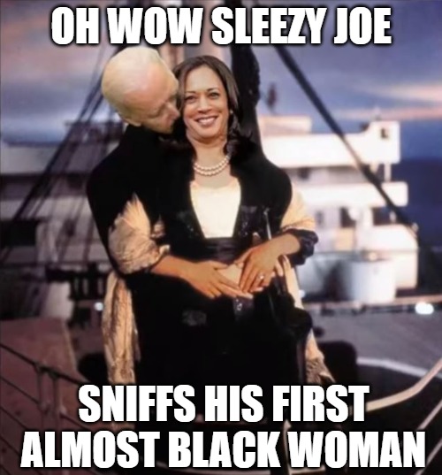 Pedo Joe sniffing around | OH WOW SLEEZY JOE; SNIFFS HIS FIRST ALMOST BLACK WOMAN | image tagged in biden,harris,memes,funny,pedophile,2020 | made w/ Imgflip meme maker