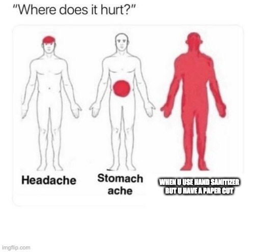 dont u just hate it | WHEN U USE HAND SANITIZER BUT U HAVE A PAPER CUT | image tagged in where does it hurt | made w/ Imgflip meme maker