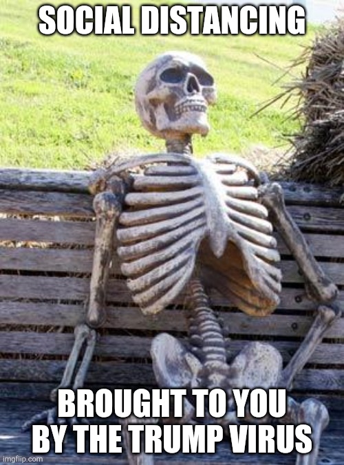 Waiting Skeleton | SOCIAL DISTANCING; BROUGHT TO YOU BY THE TRUMP VIRUS | image tagged in memes,waiting skeleton | made w/ Imgflip meme maker