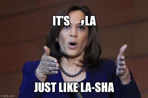 Pronounce it Comma la | , IT’S       LA; JUST LIKE LA-SHA | image tagged in kamala harris | made w/ Imgflip meme maker