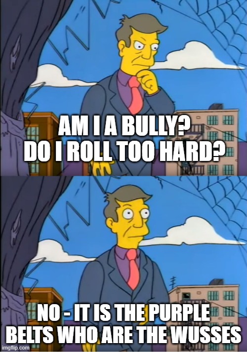 Skinner Out Of Touch | AM I A BULLY? DO I ROLL TOO HARD? NO - IT IS THE PURPLE BELTS WHO ARE THE WUSSES | image tagged in skinner out of touch | made w/ Imgflip meme maker