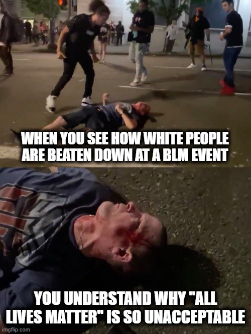 Meanwhile in Portland | WHEN YOU SEE HOW WHITE PEOPLE ARE BEATEN DOWN AT A BLM EVENT; YOU UNDERSTAND WHY "ALL LIVES MATTER" IS SO UNACCEPTABLE | image tagged in memes,black lives matter,stupid liberals,white people beaten,blm,portland riots | made w/ Imgflip meme maker